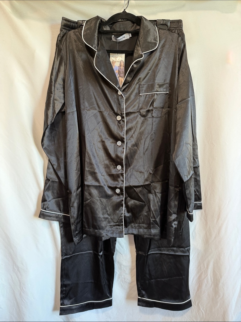 Black Satin Pajama Set with White Piping - Unknown Brand